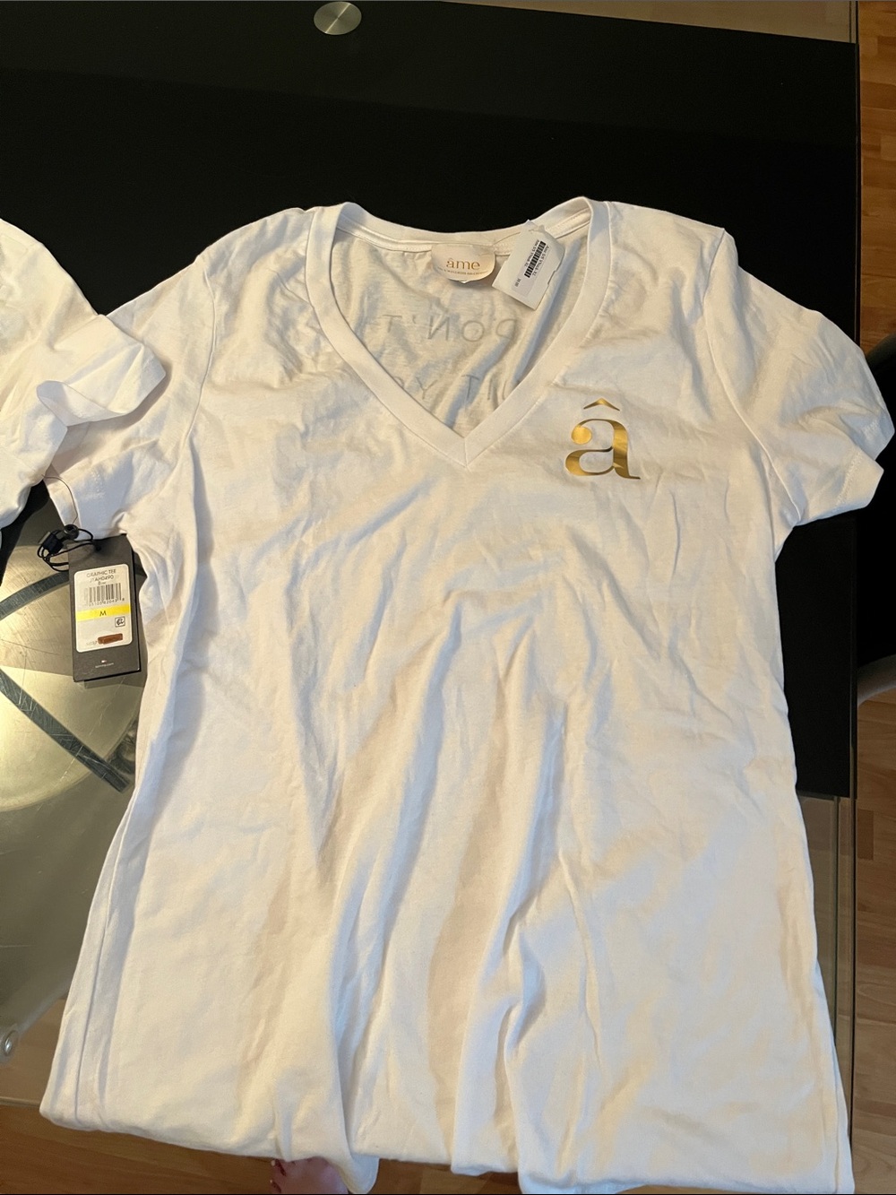 Women’s White V-Neck Tee with Gold Logo BNWT